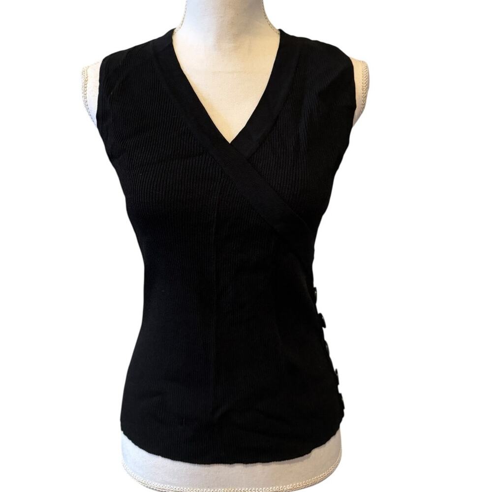 Cable & Gauge Surplice V Neck Sleevleess Ribbed Top Black S